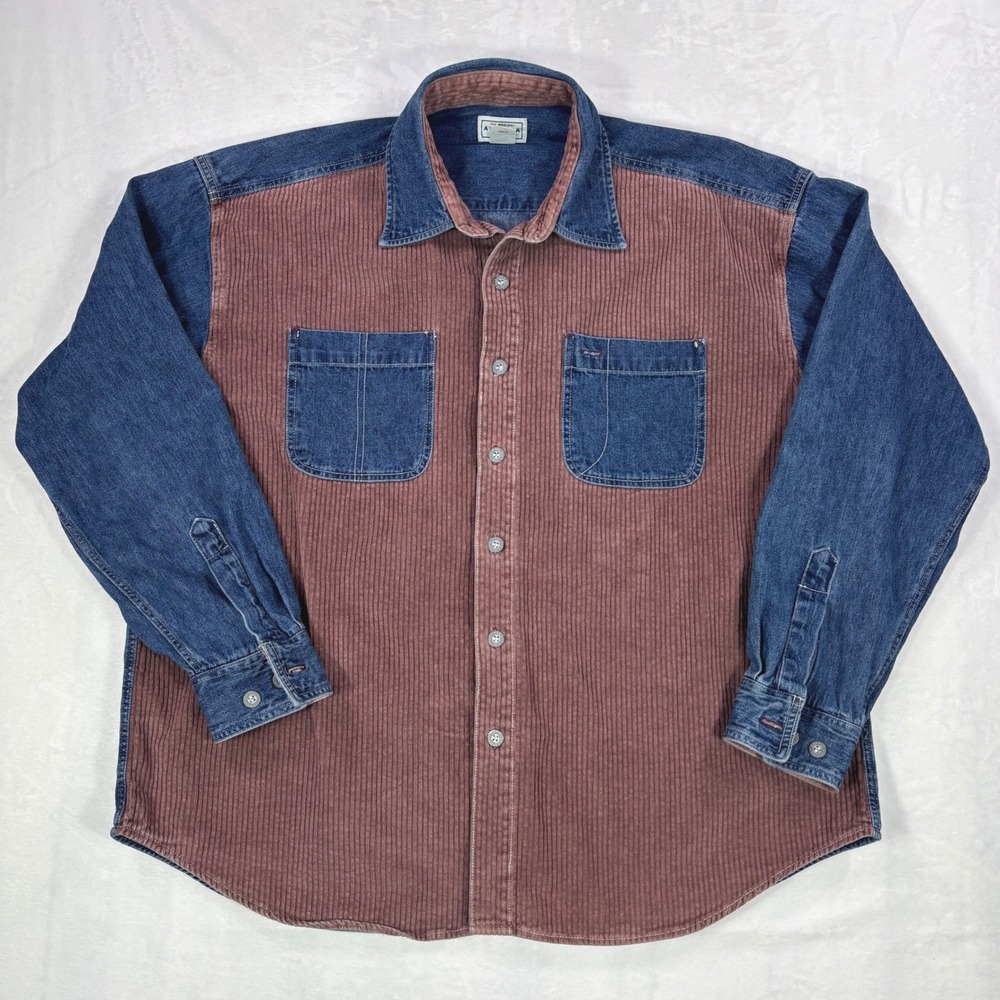 Arizona Jean Co Mens XL Corduroy Denim Mixed Media Button Down Shirt Mauve Blue